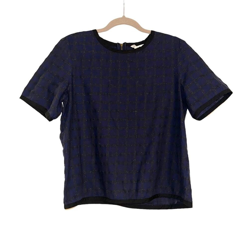 Billy Reid Women Short Sleeve Navy Black Cotton Silk Blend Top MEDIUM